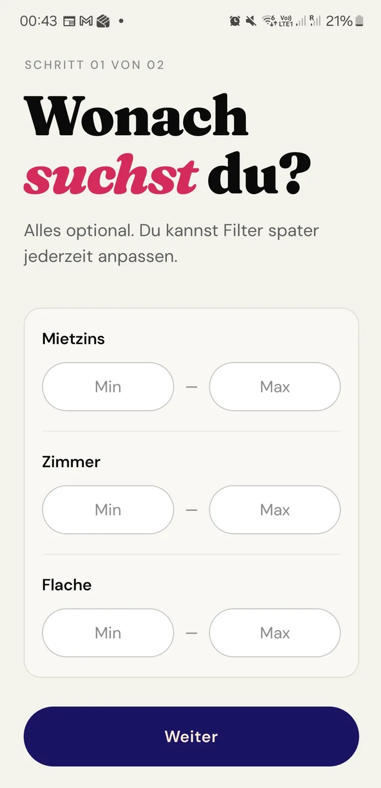 Wombl search filter screen — what are you looking for, with rent, rooms, area