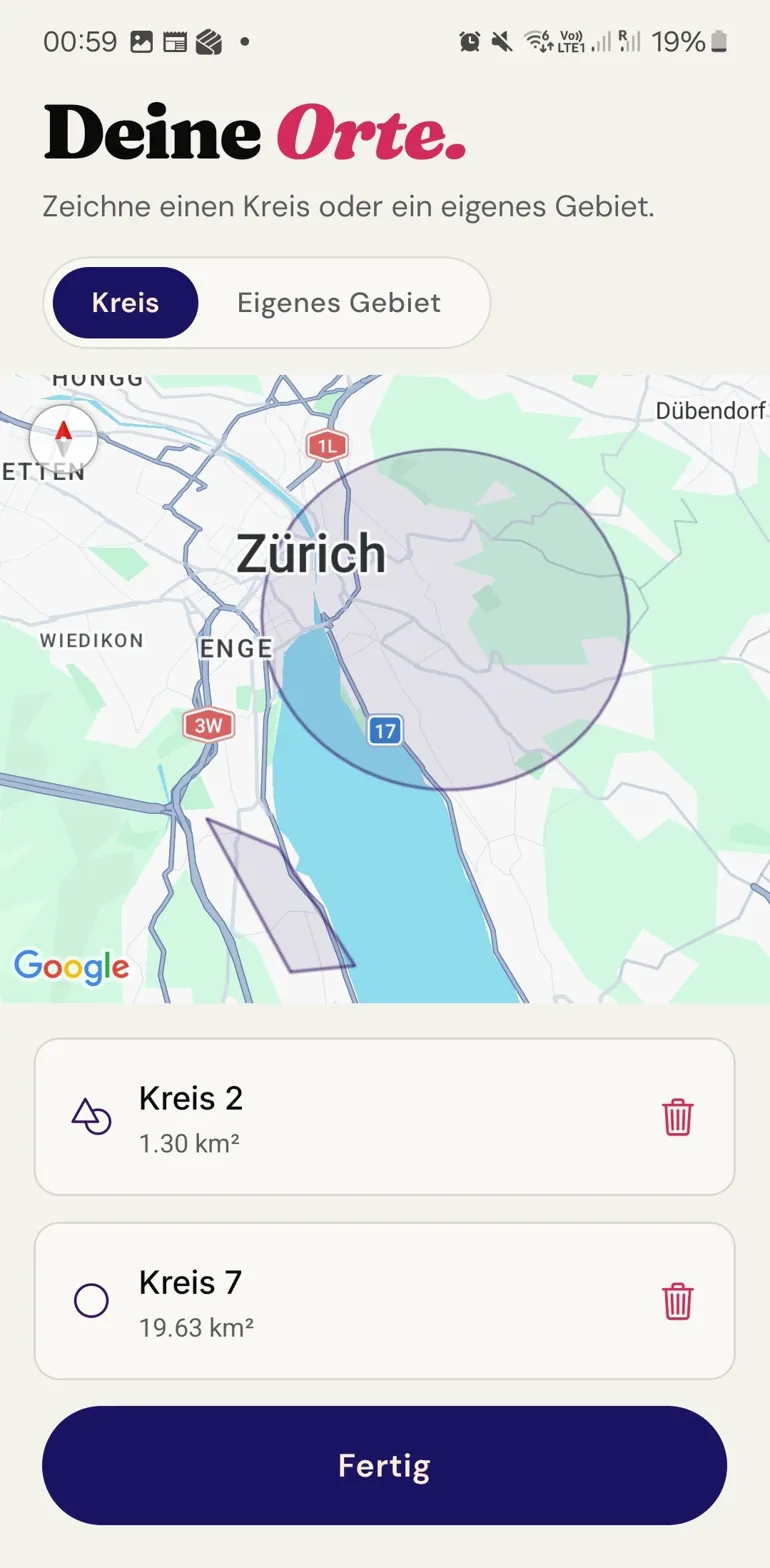 Wombl map screen — draw a circle or custom area on the Zürich map