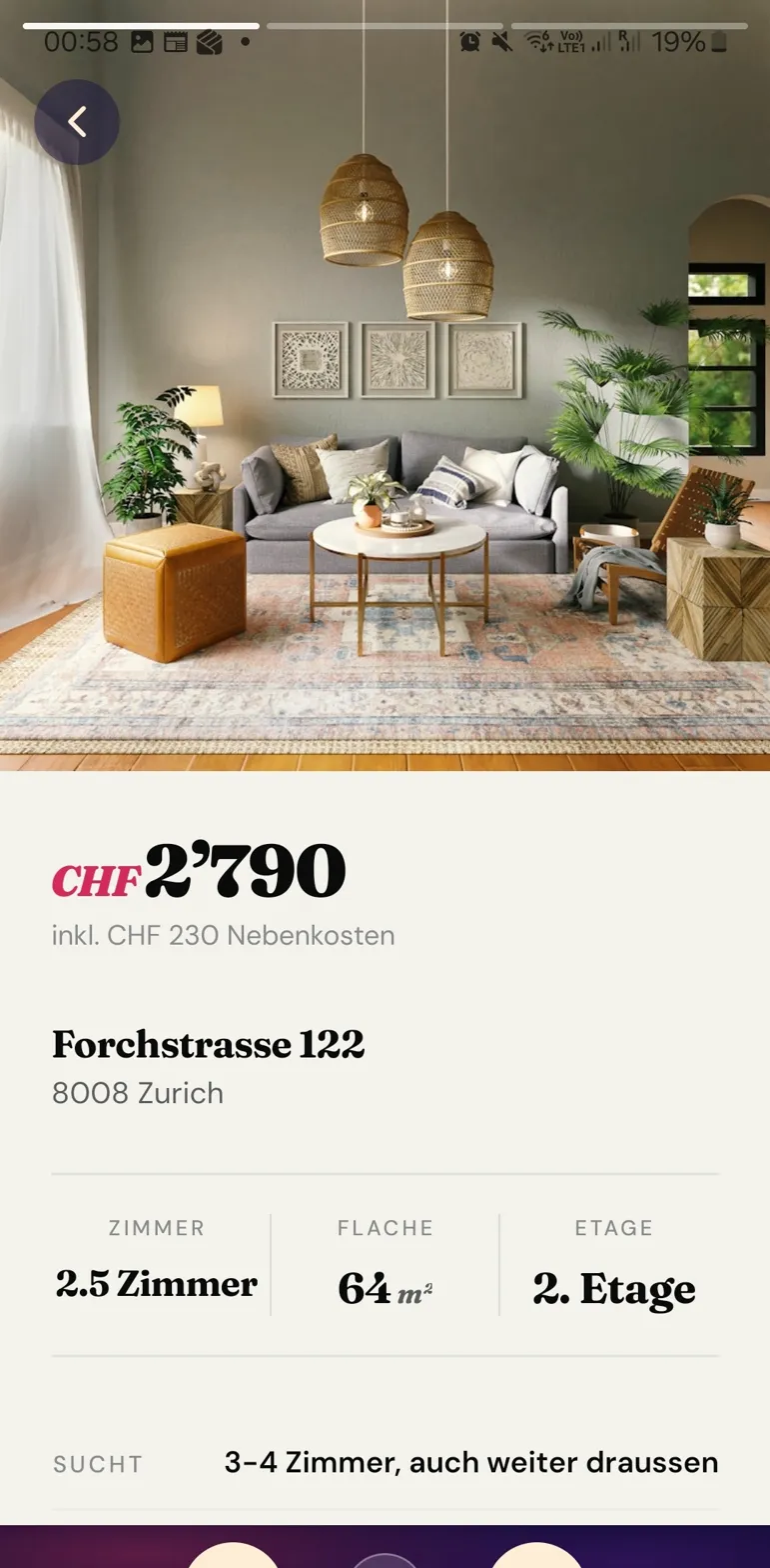 Wombl apartment detail screen — Forchstrasse 122 with price and rooms